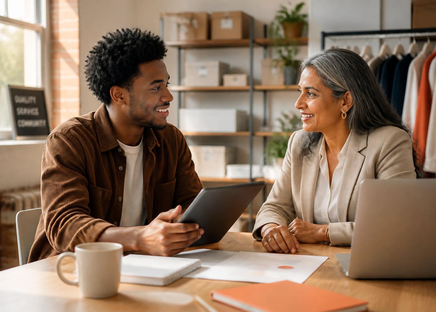 Two business owners of different generations reviewing their plan together